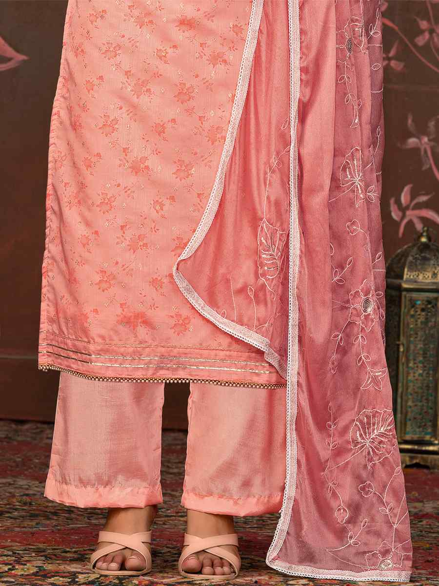 Peach Cotton Jacquard Embroidered Casual Festival Pant Salwar Kameez