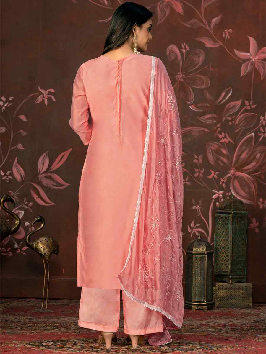 Peach Cotton Jacquard Embroidered Casual Festival Pant Salwar Kameez