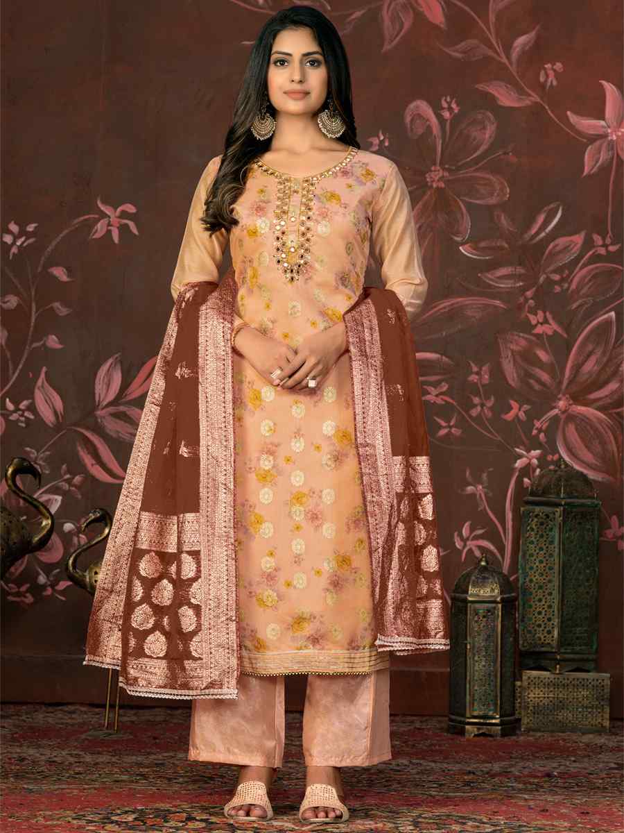 Peach Cotton Jacquard Embroidered Casual Festival Pant Salwar Kameez