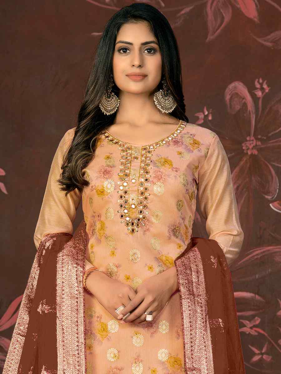 Peach Cotton Jacquard Embroidered Casual Festival Pant Salwar Kameez