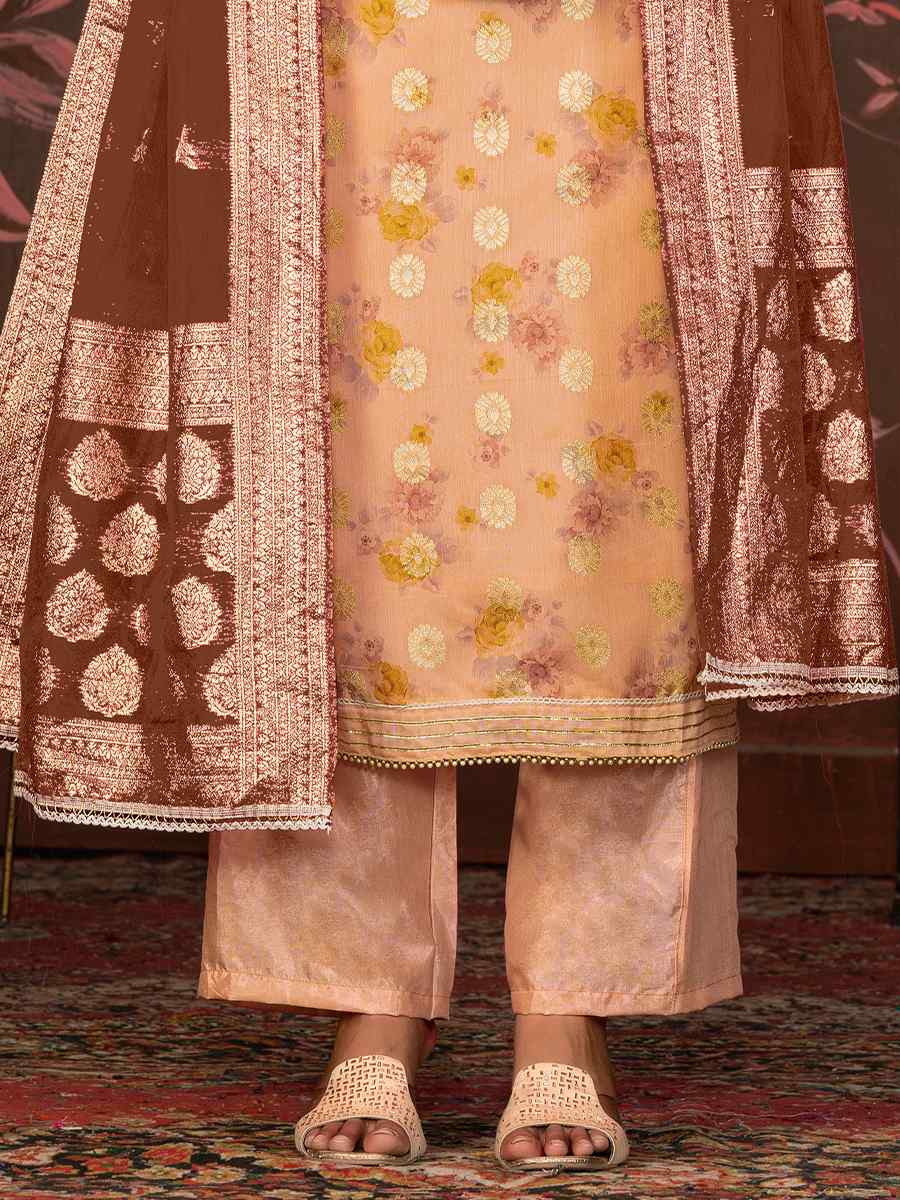Peach Cotton Jacquard Embroidered Casual Festival Pant Salwar Kameez