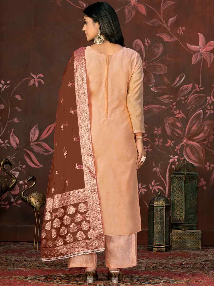 Peach Cotton Jacquard Embroidered Casual Festival Pant Salwar Kameez