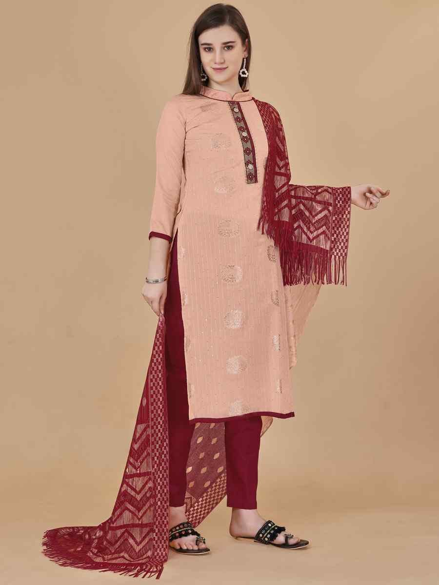 Peach Cotton Jacquard Handwoven Casual Festival Pant Salwar Kameez