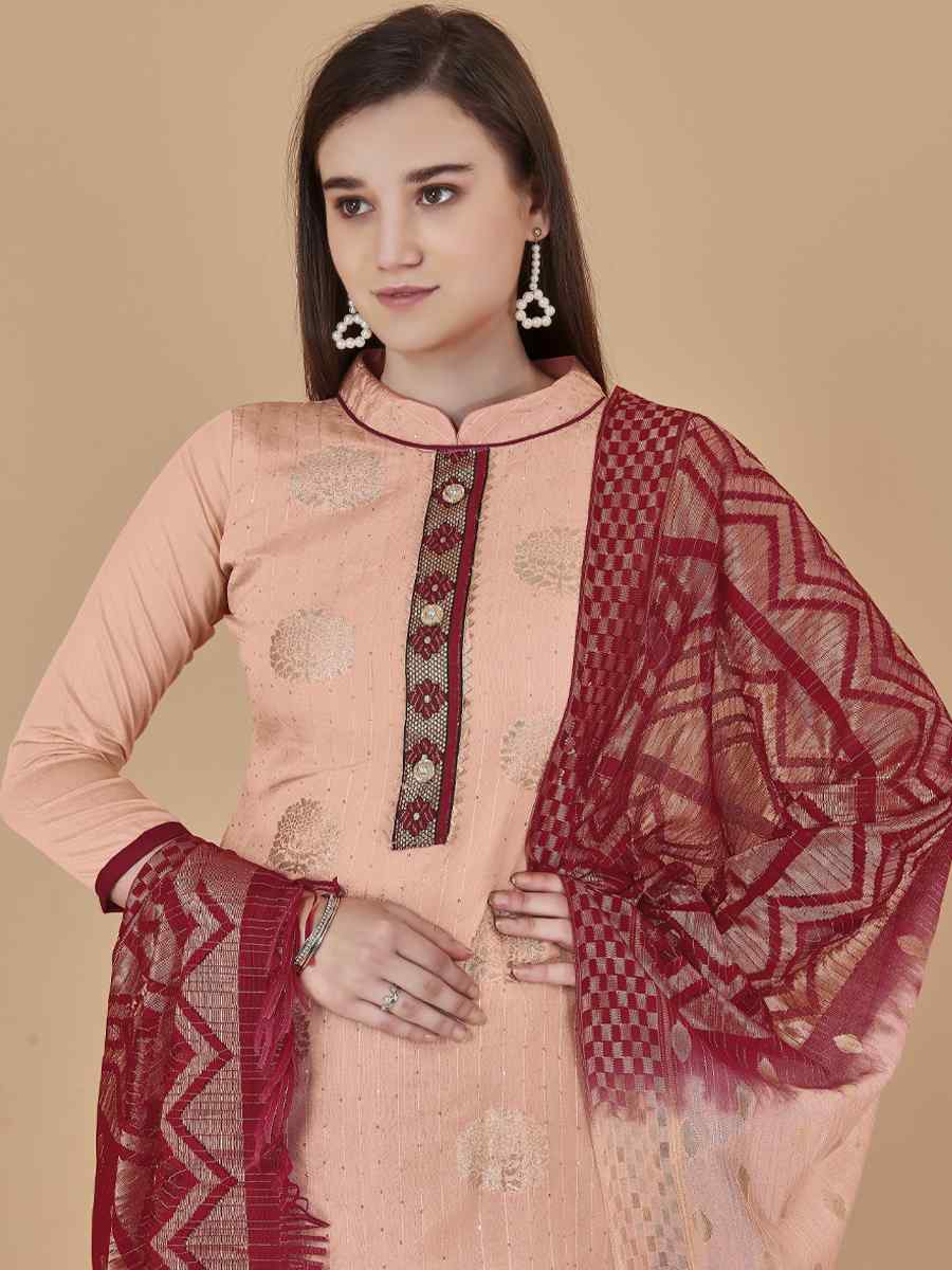 Peach Cotton Jacquard Handwoven Casual Festival Pant Salwar Kameez