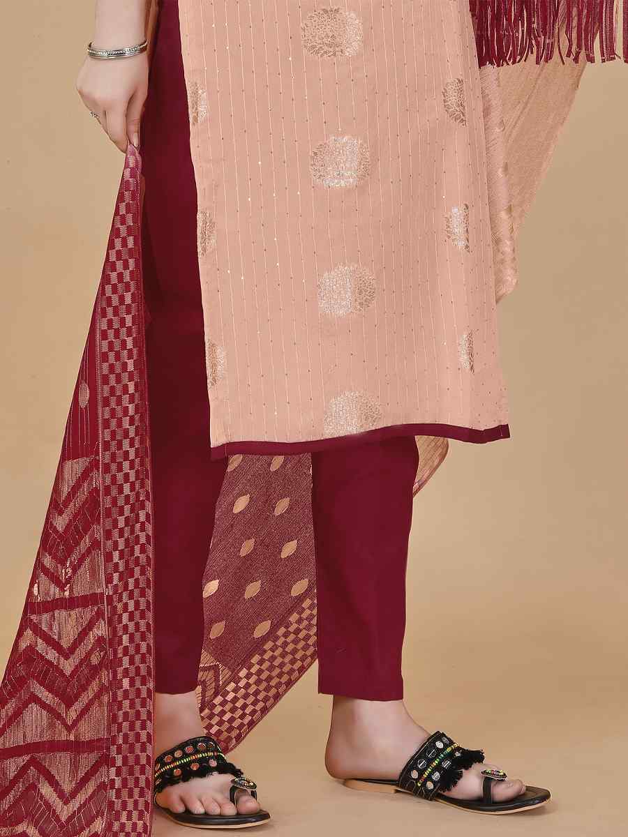 Peach Cotton Jacquard Handwoven Casual Festival Pant Salwar Kameez