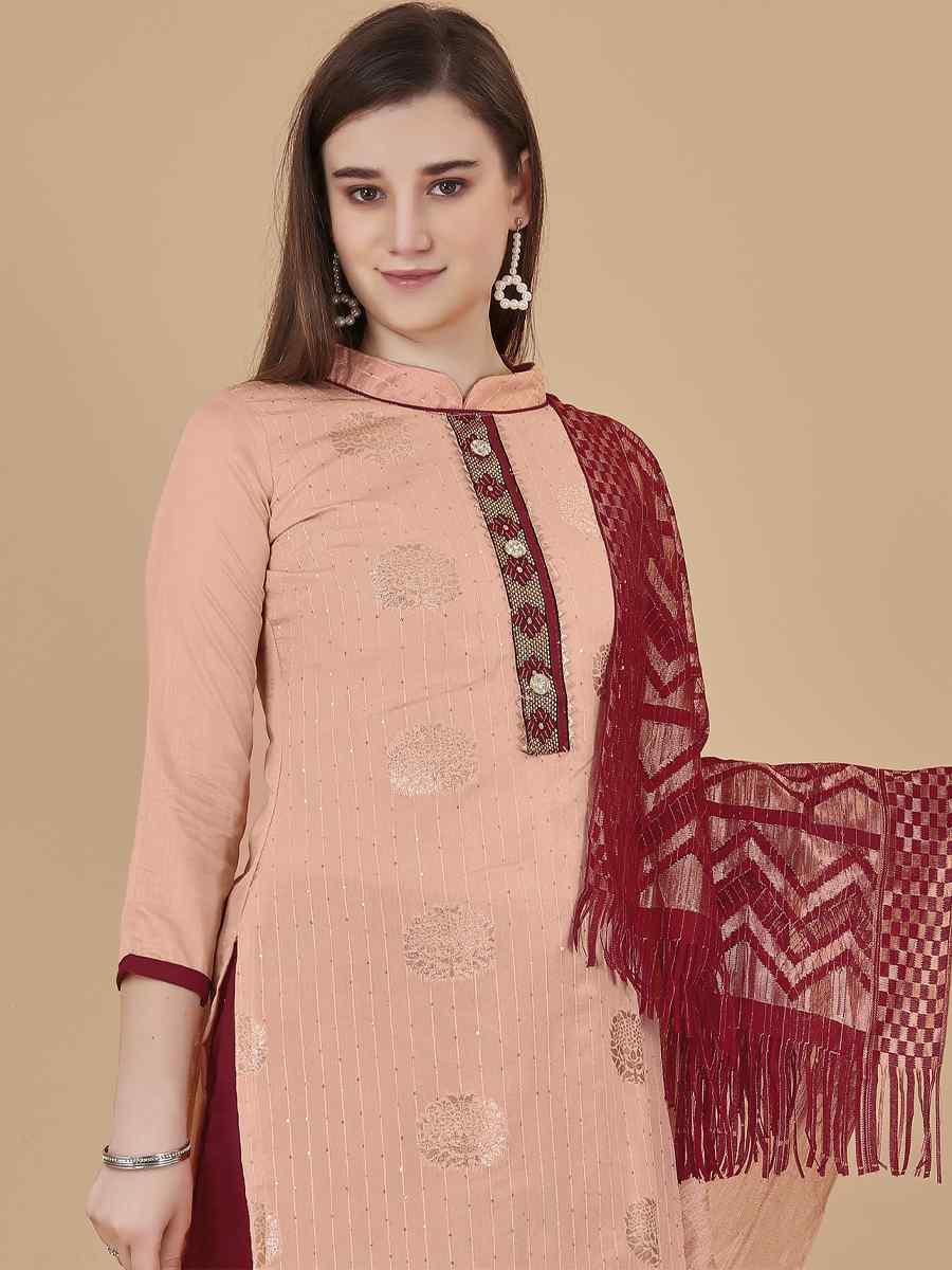 Peach Cotton Jacquard Handwoven Casual Festival Pant Salwar Kameez