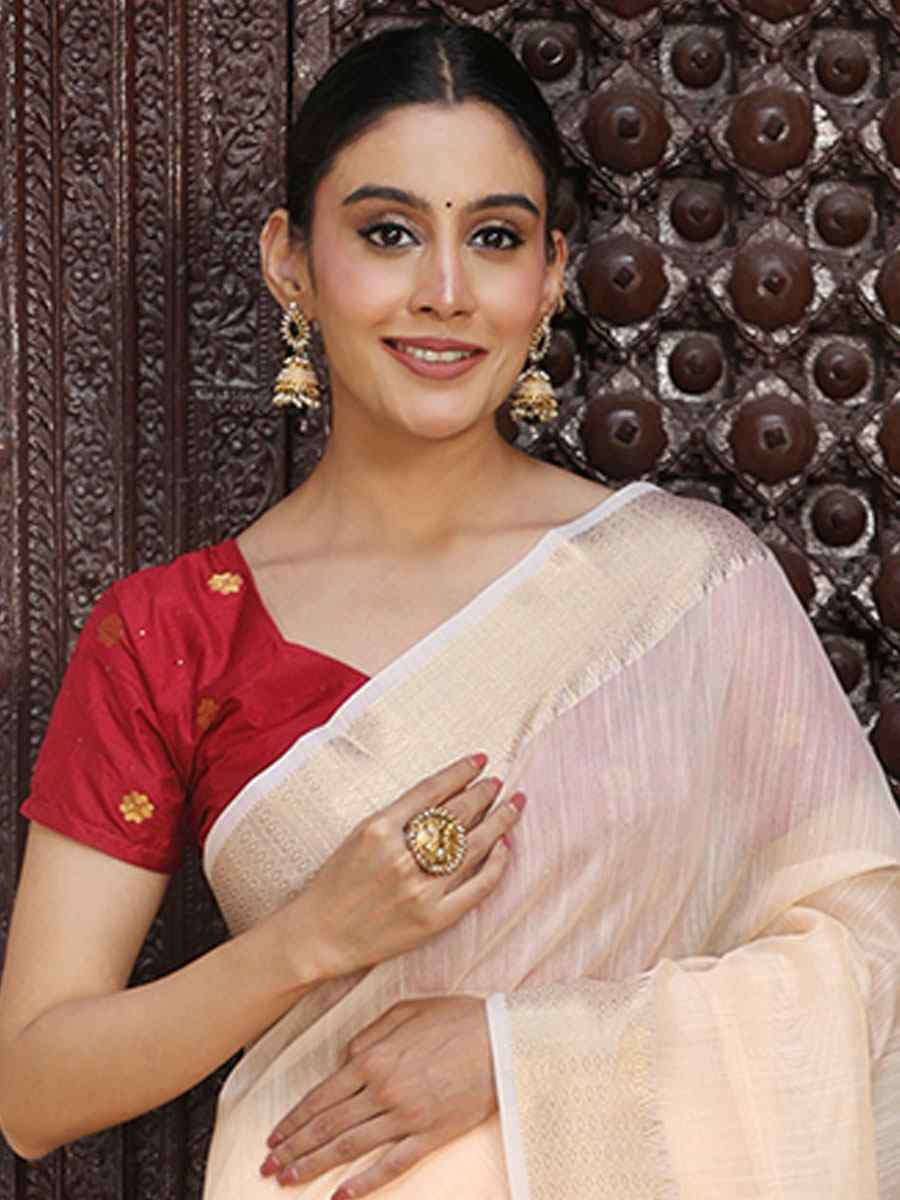 Peach Cotton Plain Zari Work Casual Reception Festival Wedding Fancy Classic Style Sarees