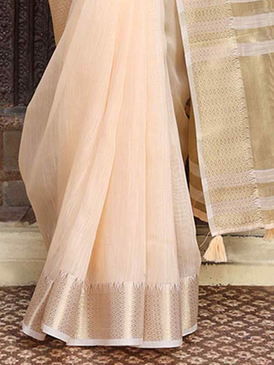 Peach Cotton Plain Zari Work Casual Reception Festival Wedding Fancy Classic Style Sarees