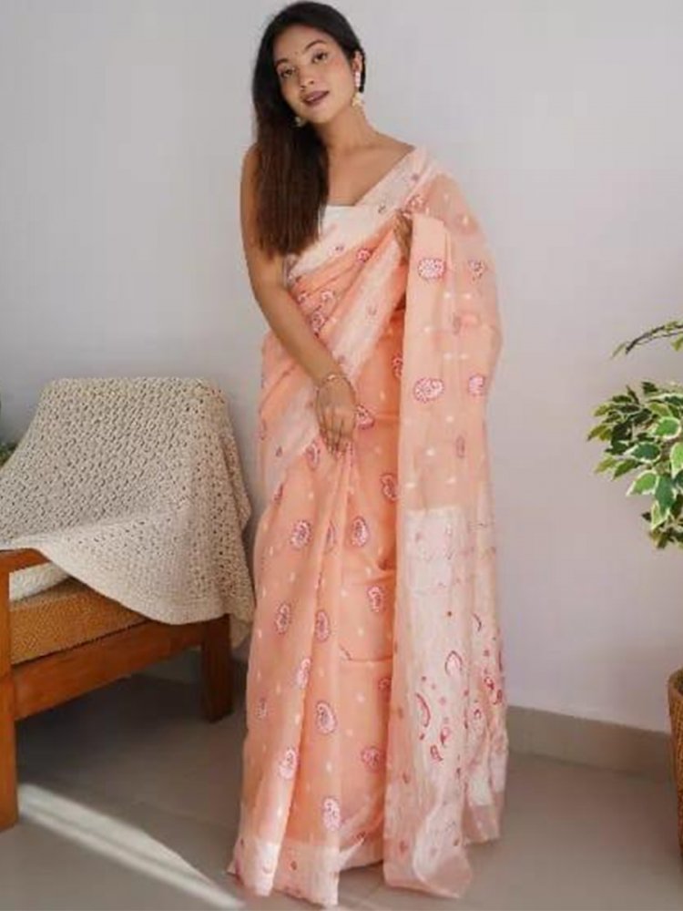 Peach Cotton Printed Casual Festival Contemporary Saree