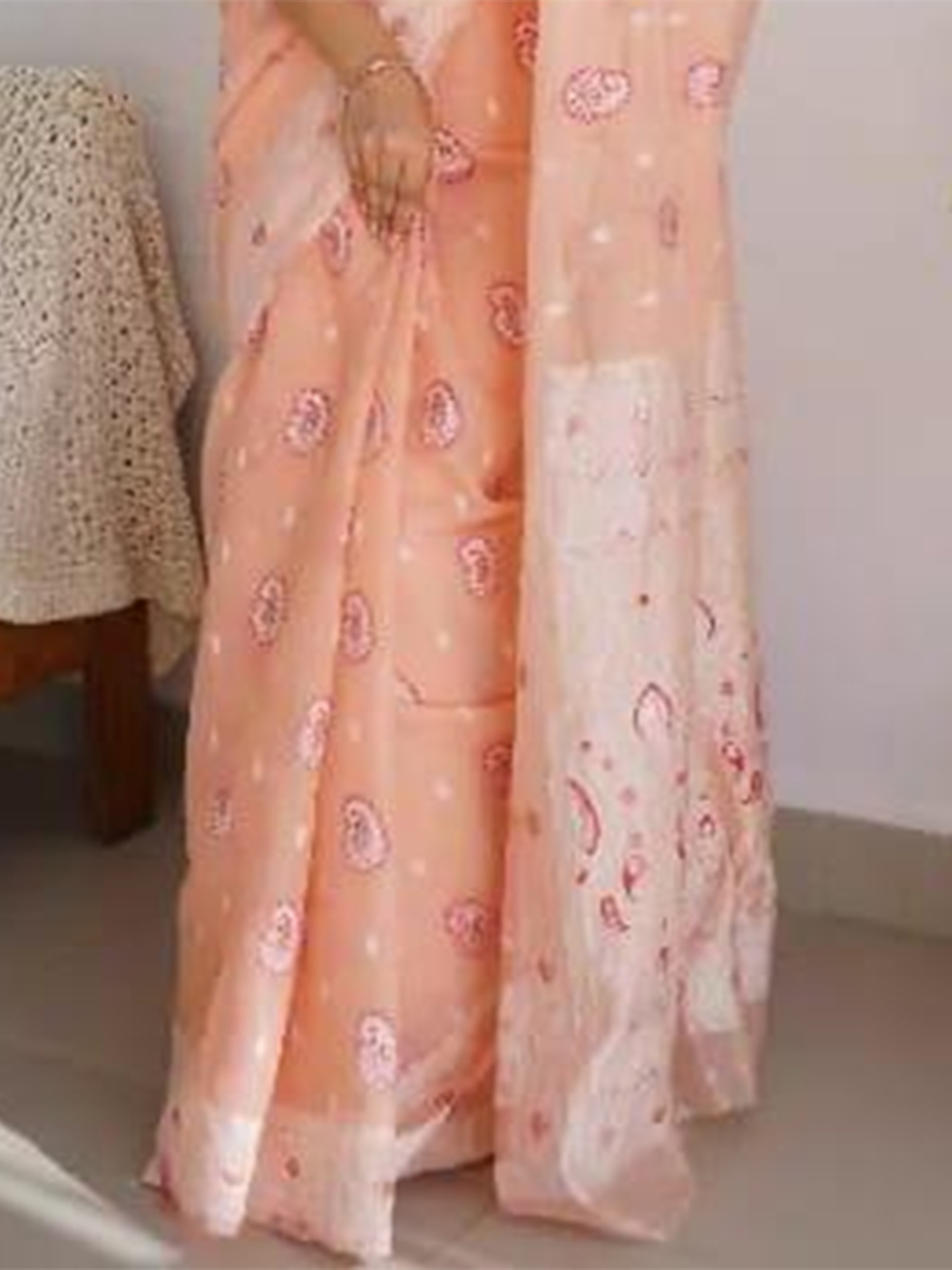 Peach Cotton Printed Casual Festival Contemporary Saree