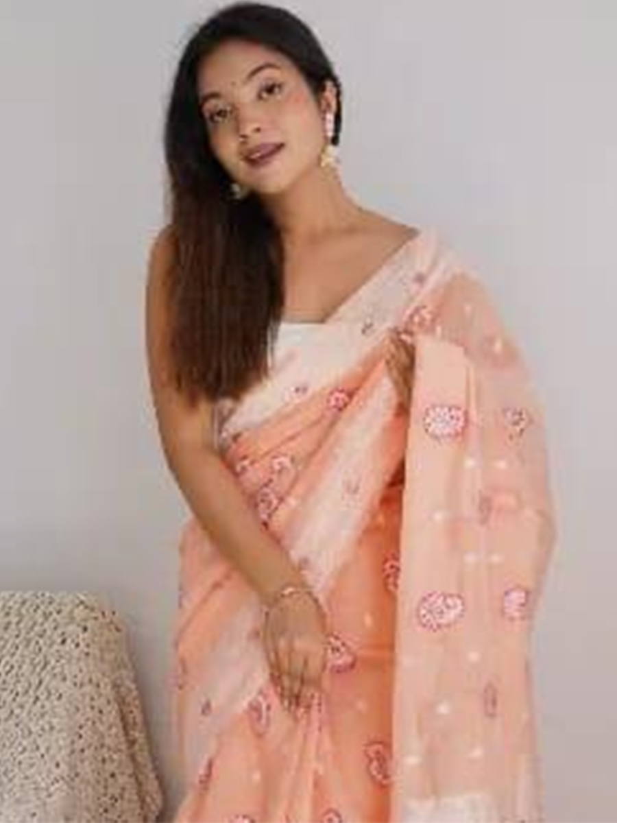 Peach Cotton Printed Casual Festival Contemporary Saree