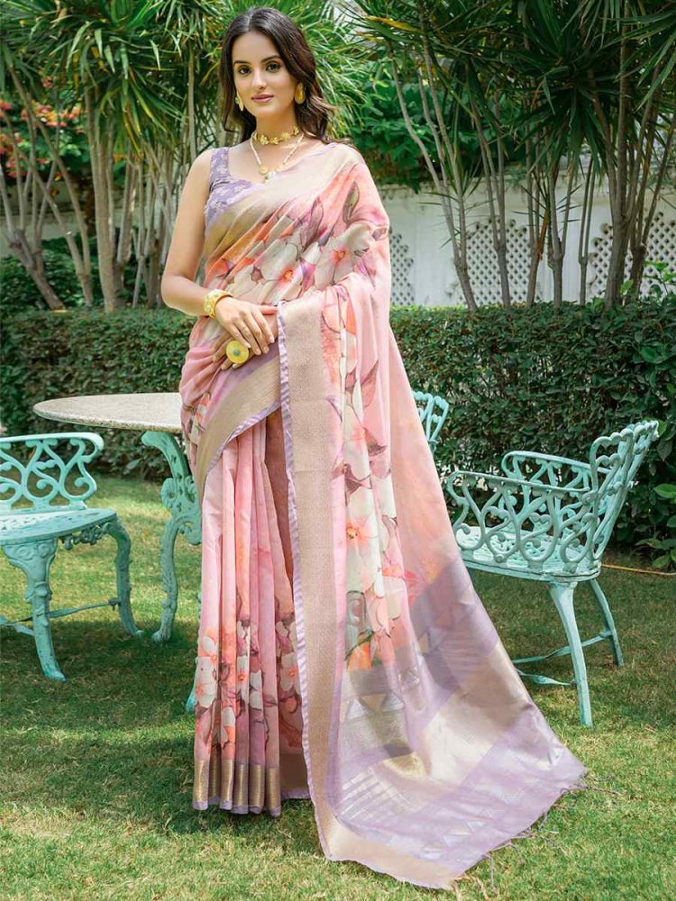 Peach Cotton Printed Casual Festival Contemporary Saree