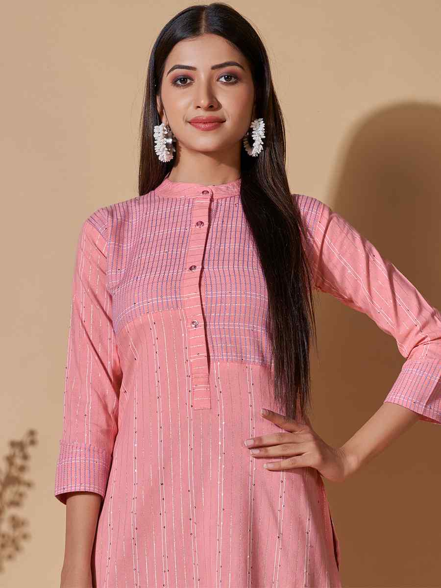 Peach Cotton Printed Casual Festival Kurti