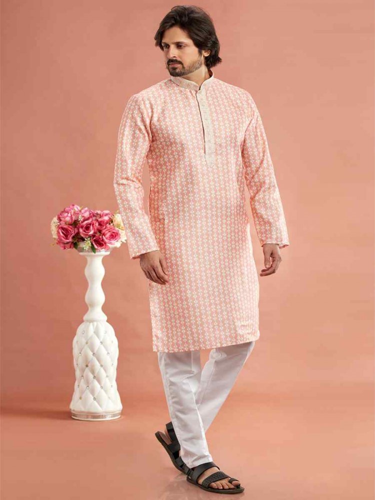 Peach Cotton Printed Festival Casual Kurta