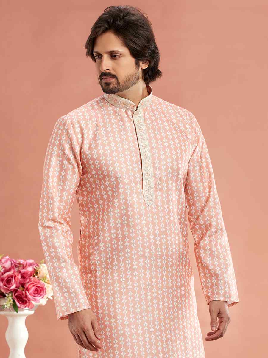 Peach Cotton Printed Festival Casual Kurta