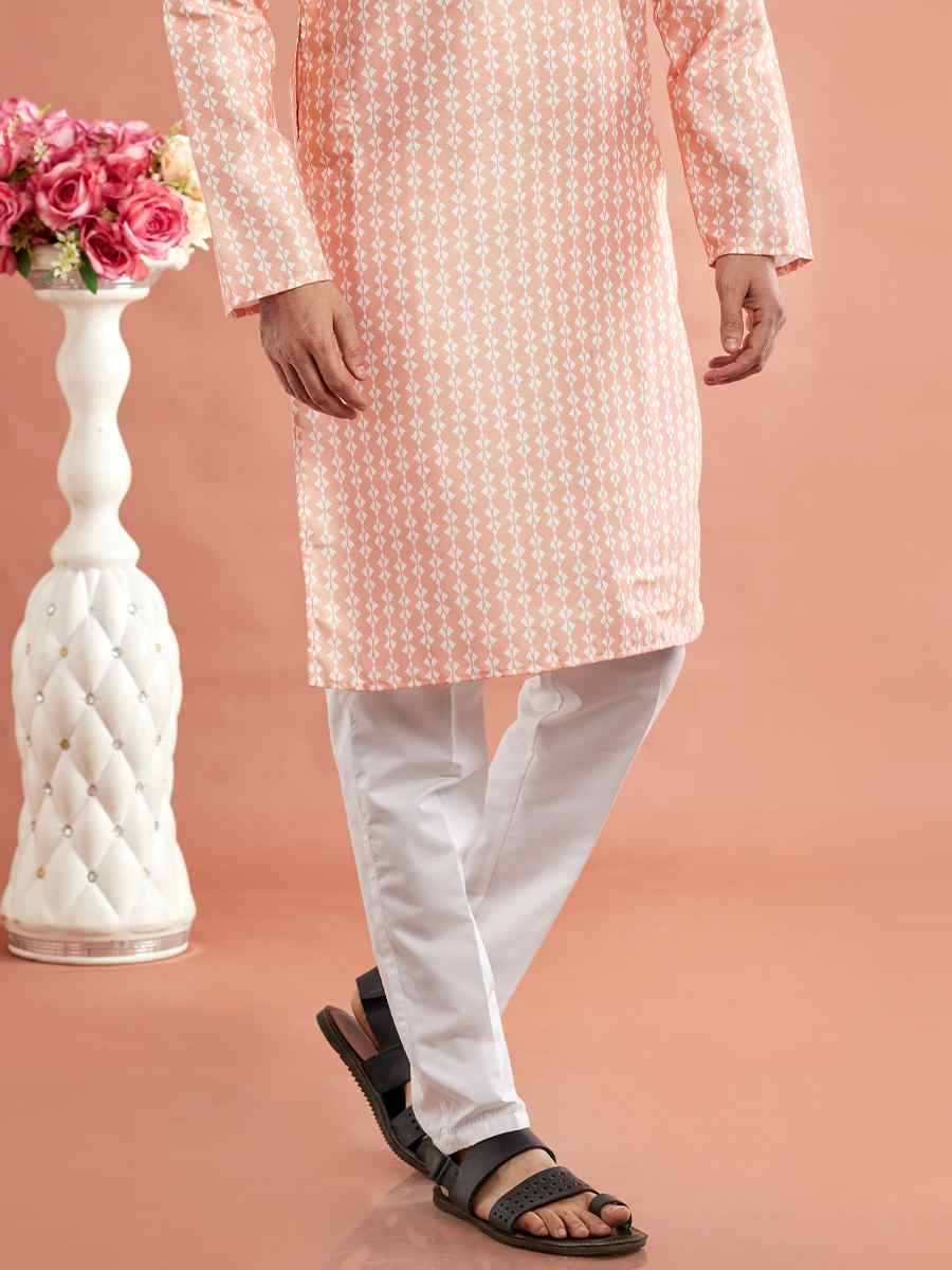 Peach Cotton Printed Festival Casual Kurta