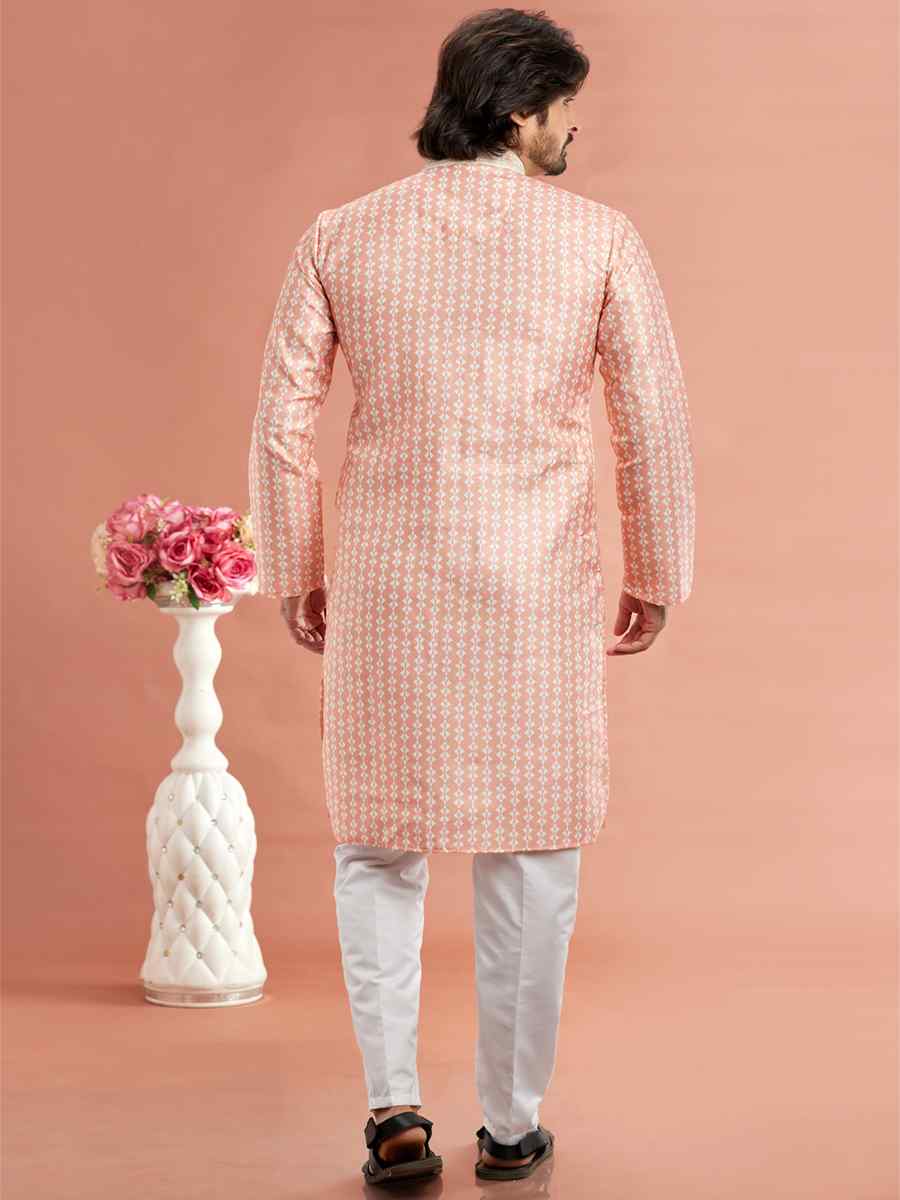 Peach Cotton Printed Festival Casual Kurta