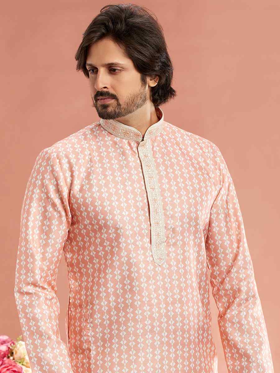 Peach Cotton Printed Festival Casual Kurta