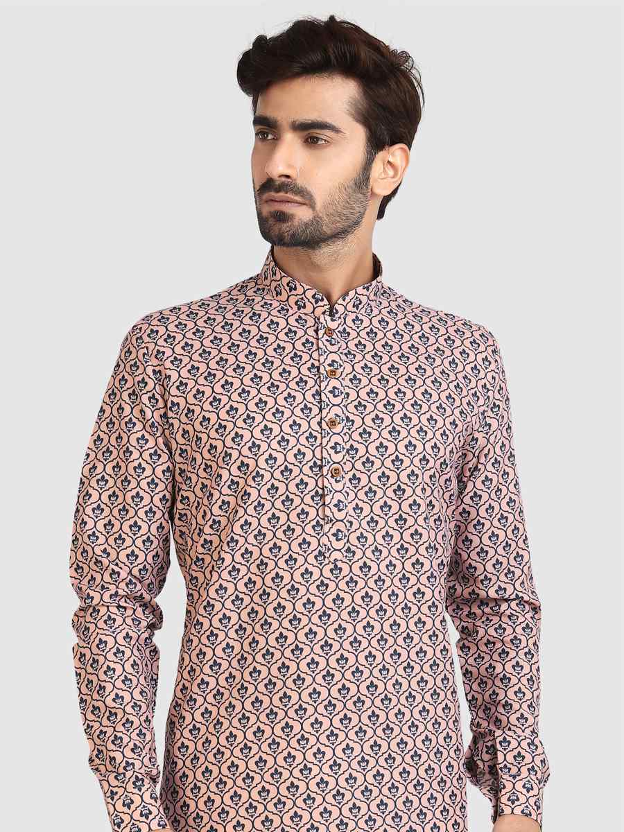 Peach Cotton Printed Festival Casual Kurta