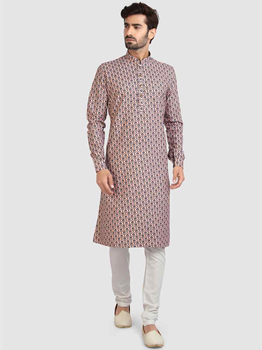 Peach Cotton Printed Festival Casual Kurta