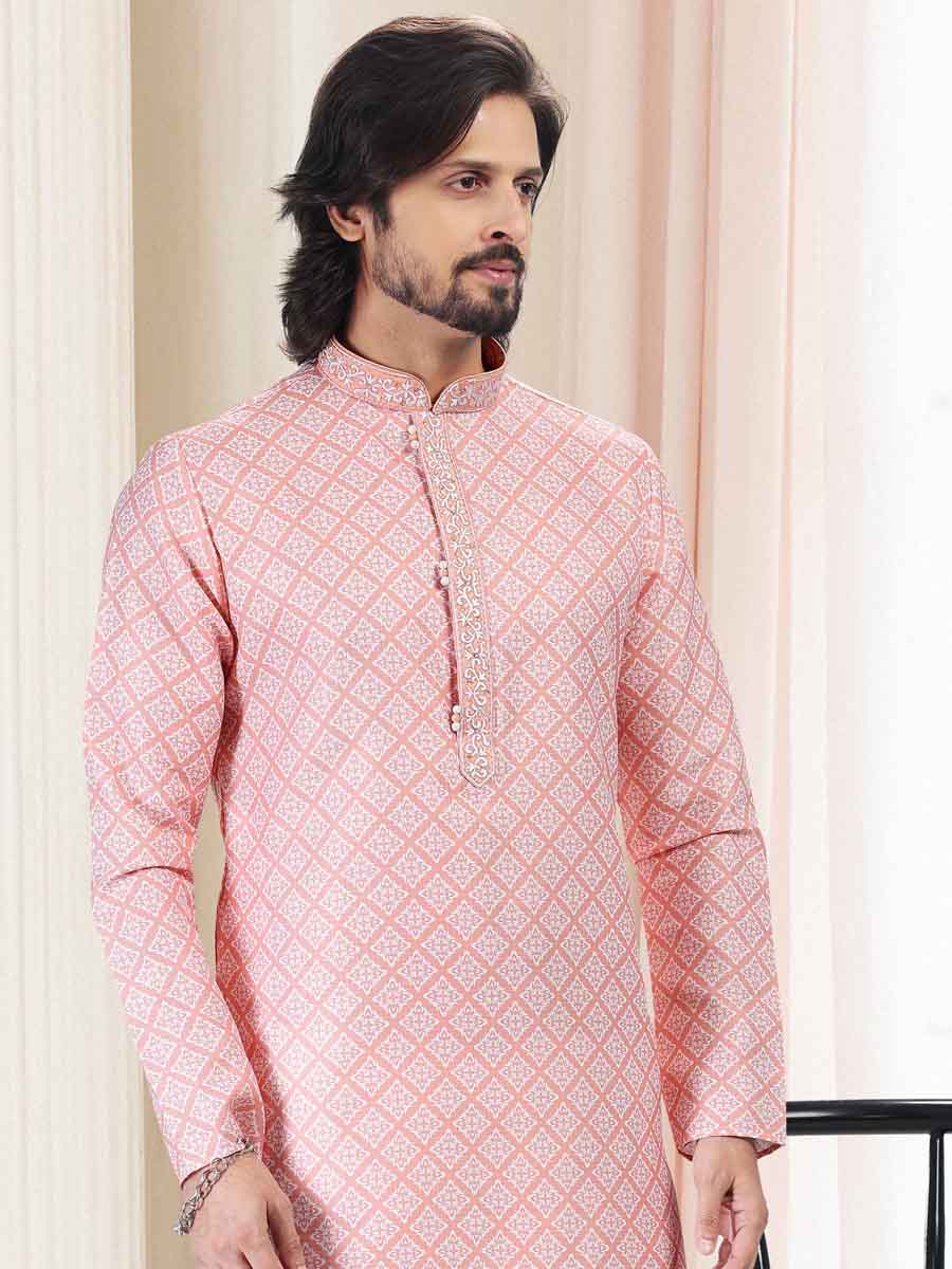 Peach Cotton Printed Festival Mehendi Kurta