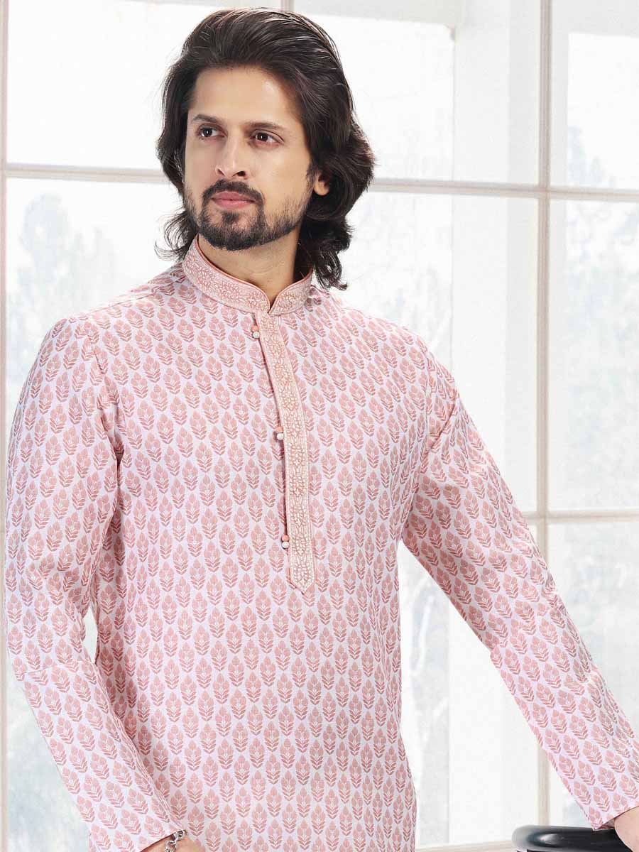 Peach Cotton Printed Festival Mehendi Kurta