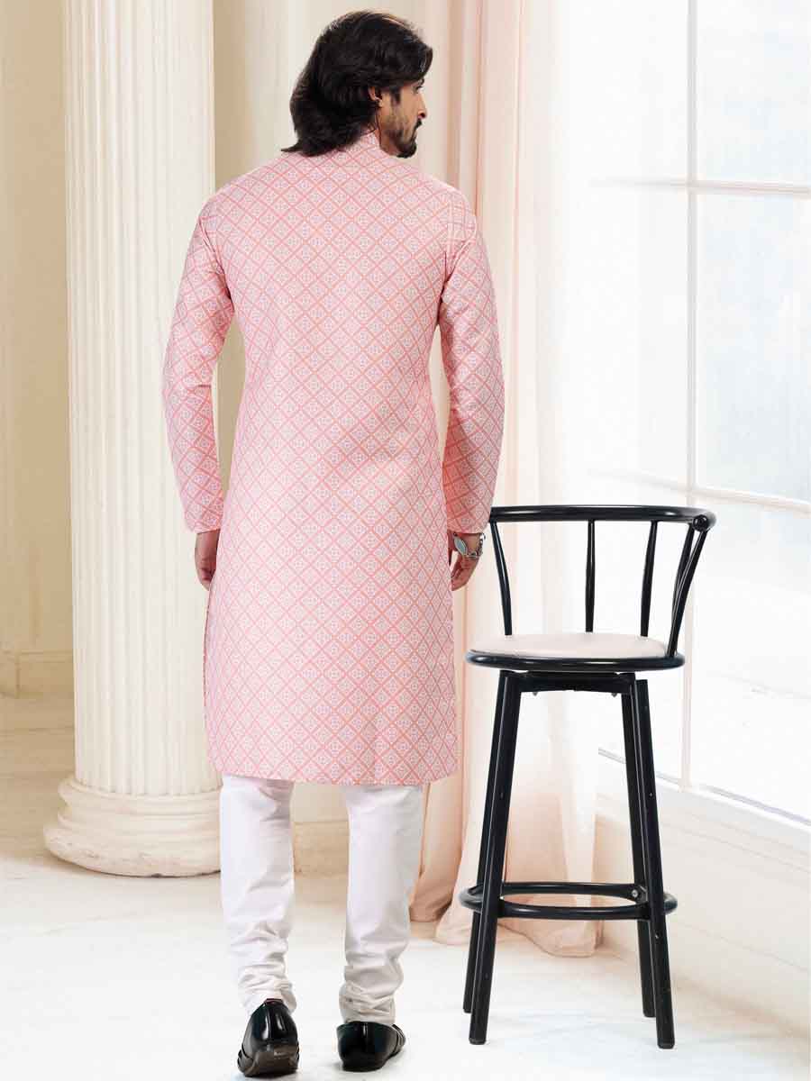 Peach Cotton Printed Festival Mehendi Kurta