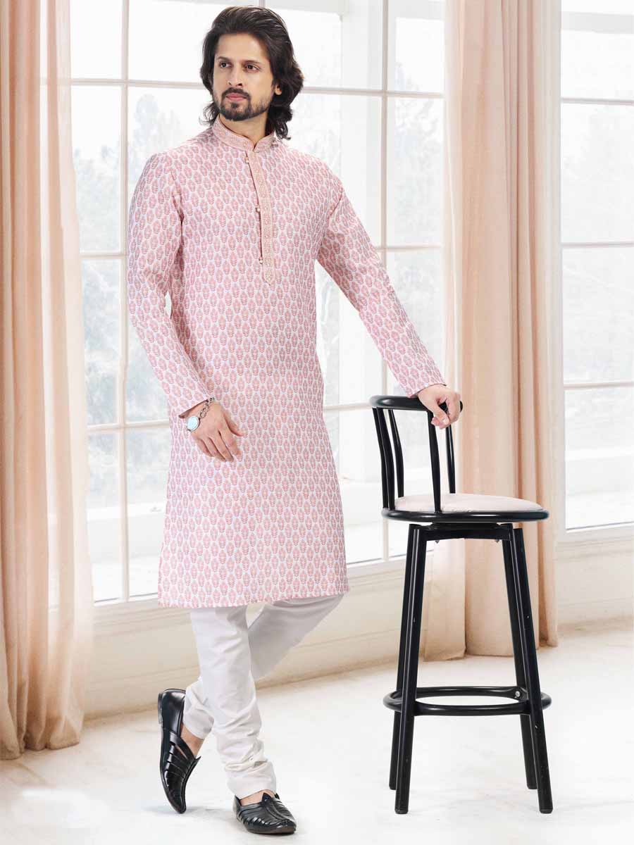 Peach Cotton Printed Festival Mehendi Kurta