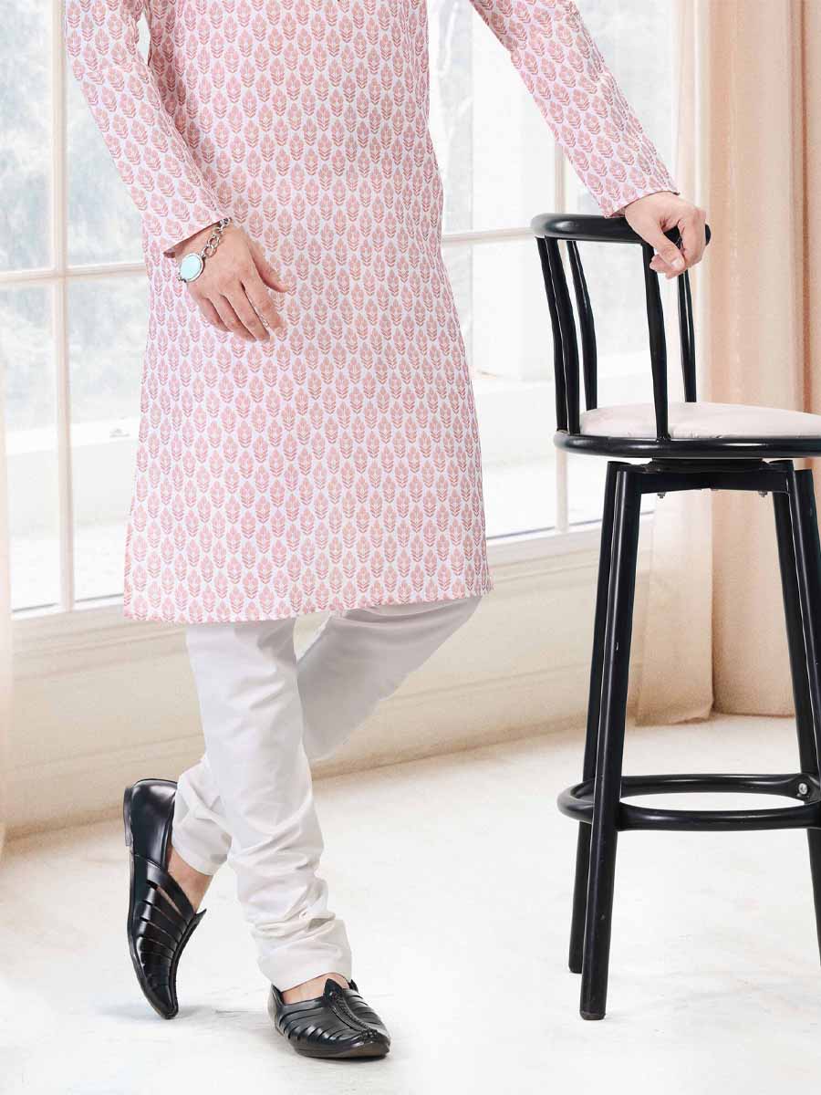 Peach Cotton Printed Festival Mehendi Kurta