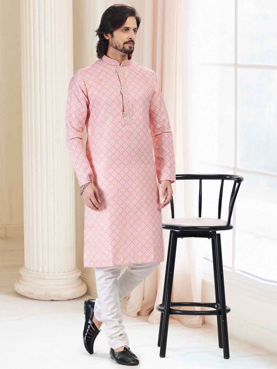 Peach Cotton Printed Festival Mehendi Kurta