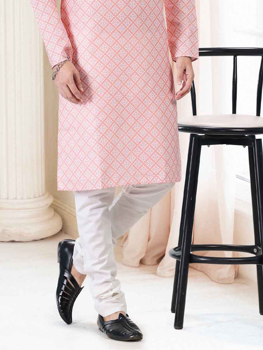 Peach Cotton Printed Festival Mehendi Kurta