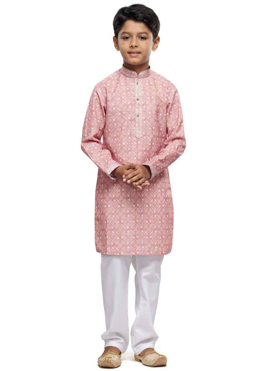 Peach Cotton Printed Festival Party Kurta