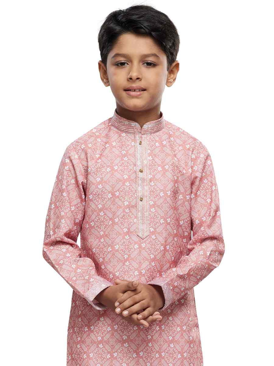 Peach Cotton Printed Festival Party Kurta
