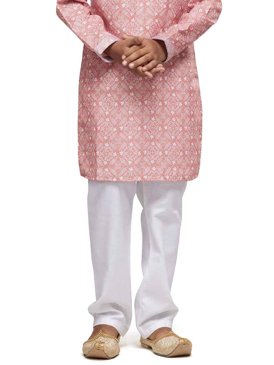 Peach Cotton Printed Festival Party Kurta