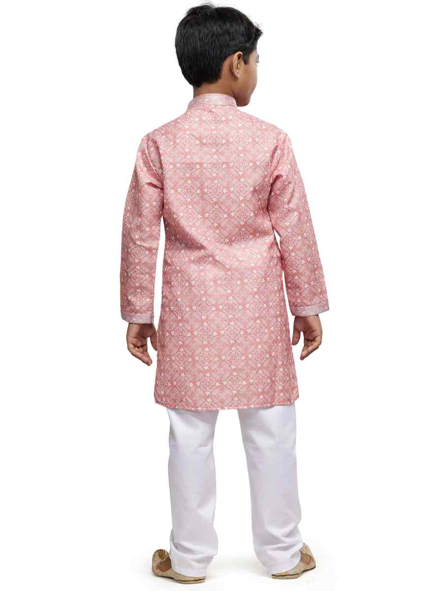Peach Cotton Printed Festival Party Kurta