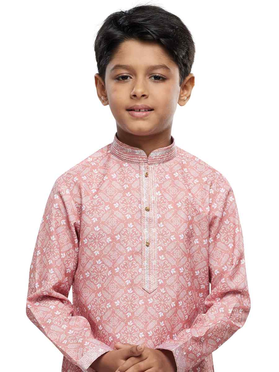 Peach Cotton Printed Festival Party Kurta