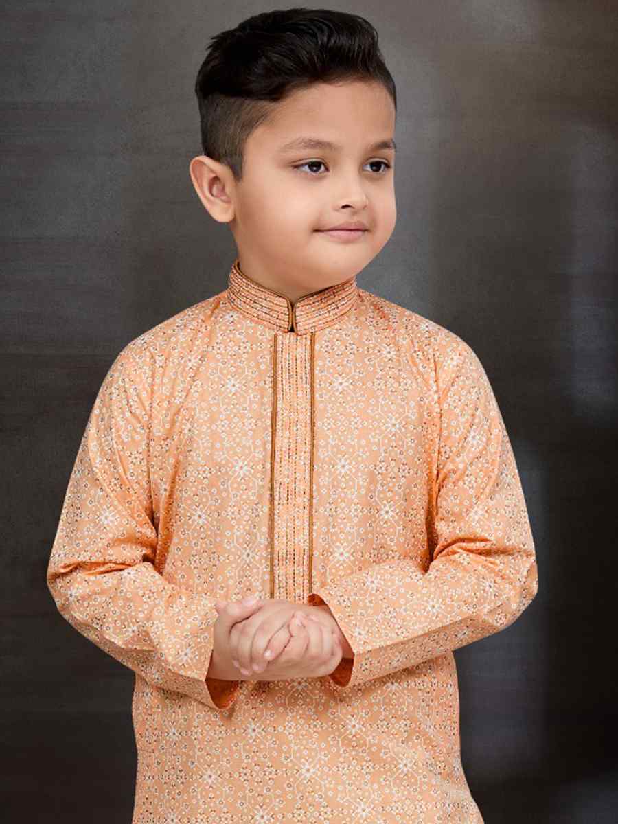 Peach Cotton Printed Festival Traditional Kurta Pyjama Boys Wear