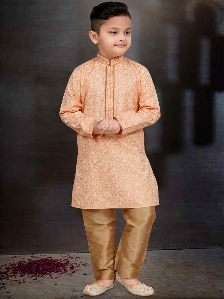 Peach Cotton Printed Festival Traditional Kurta Pyjama Boys Wear