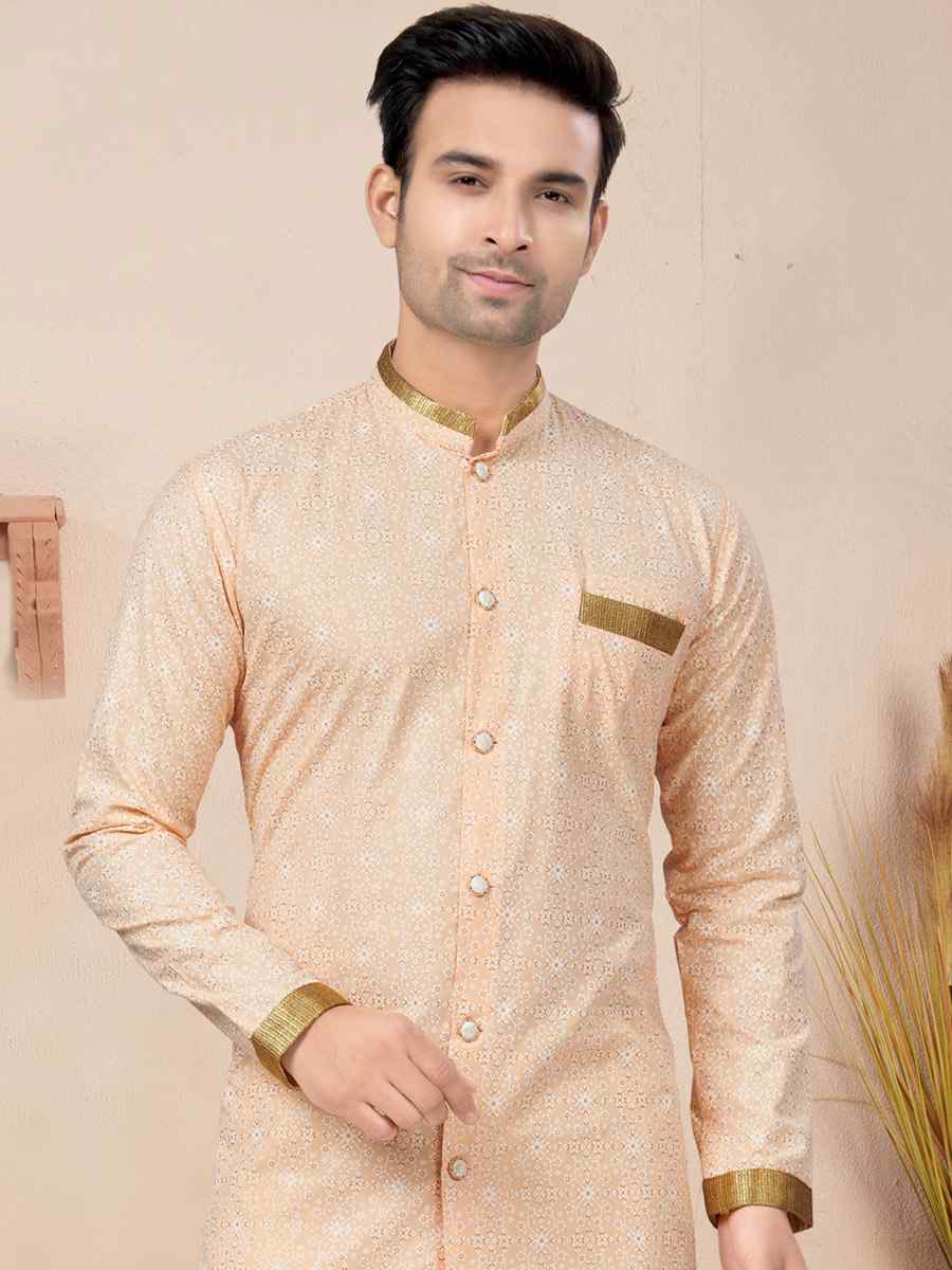 Peach Cotton Printed Wedding Festival Sherwani