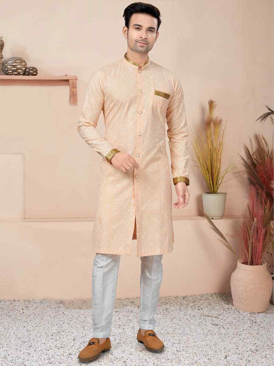 Peach Cotton Printed Wedding Festival Sherwani