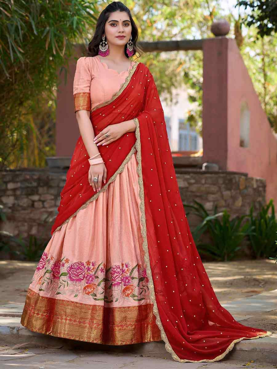 Peach Cotton Silk Embroidered Party Reception Wedding Lehenga Choli