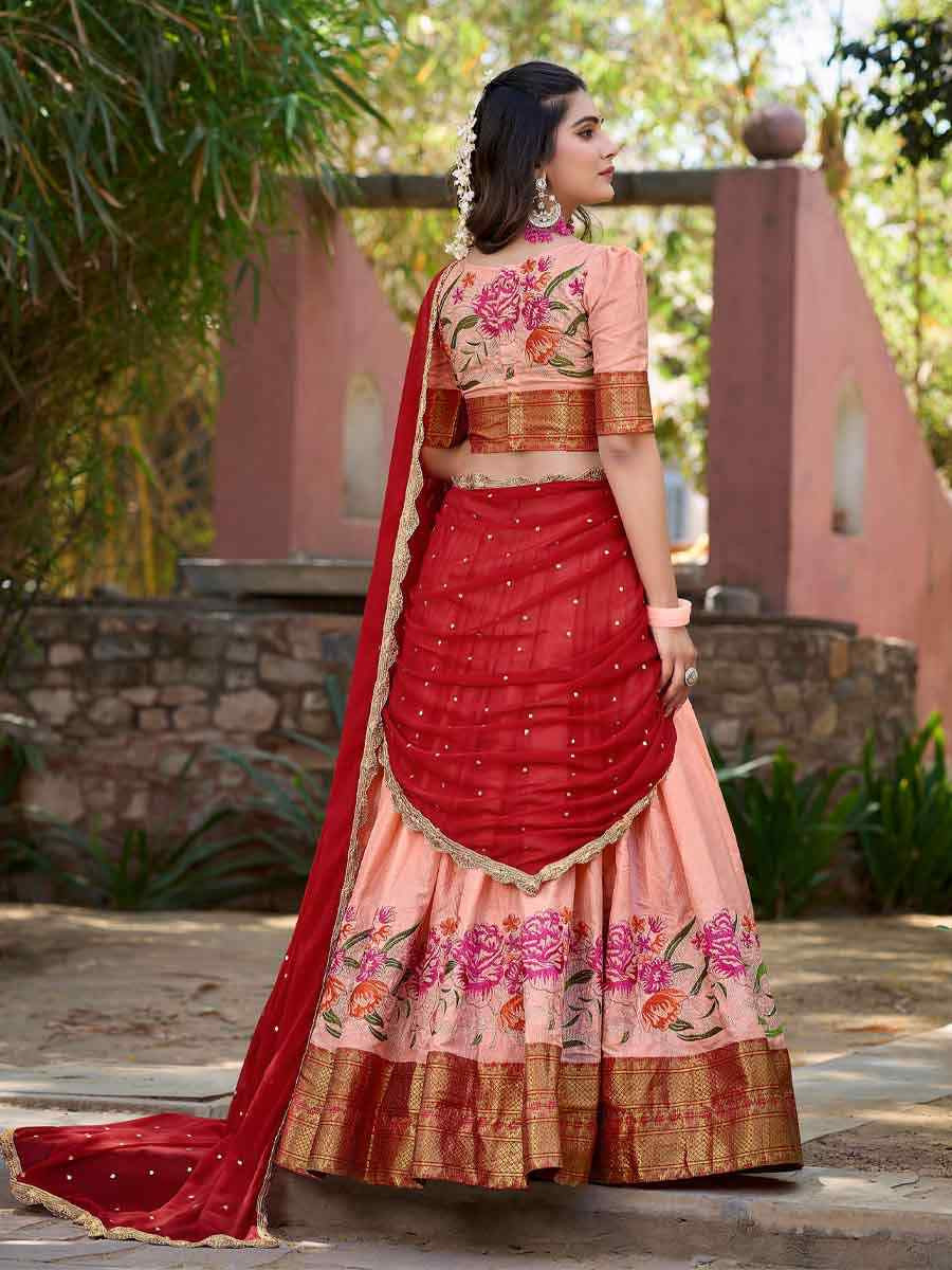 Peach Cotton Silk Embroidered Party Reception Wedding Lehenga Choli