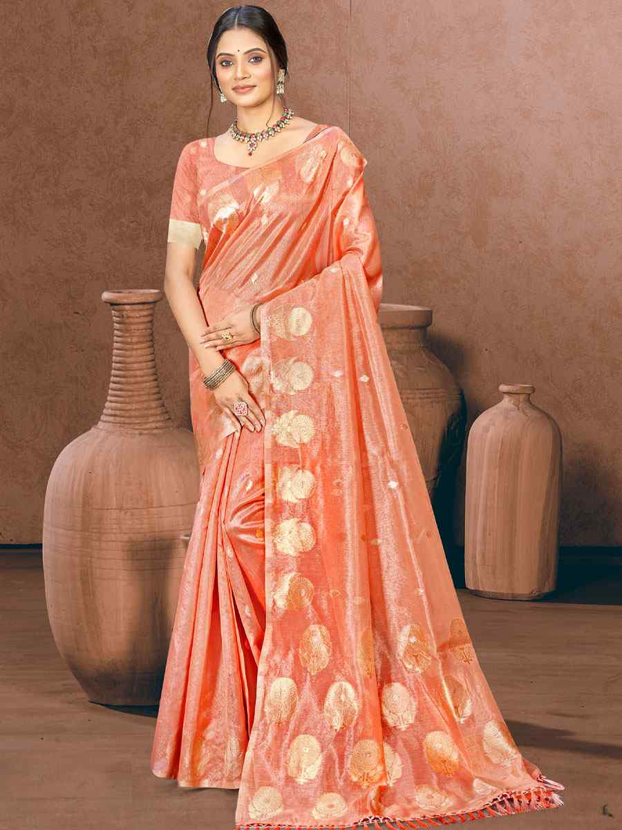 Peach Cotton Silk Handwoven Casual Festival Party Classic Style Sarees