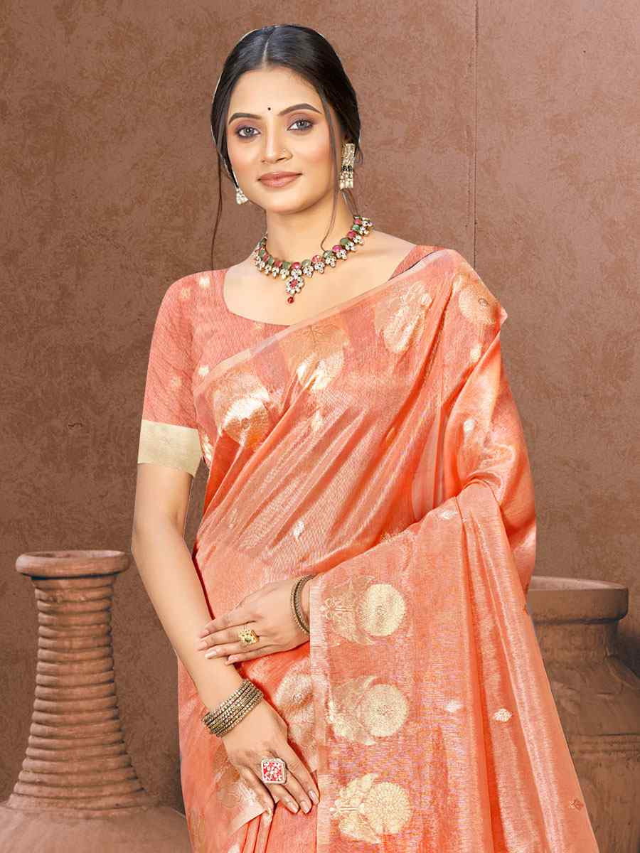 Peach Cotton Silk Handwoven Casual Festival Party Classic Style Sarees