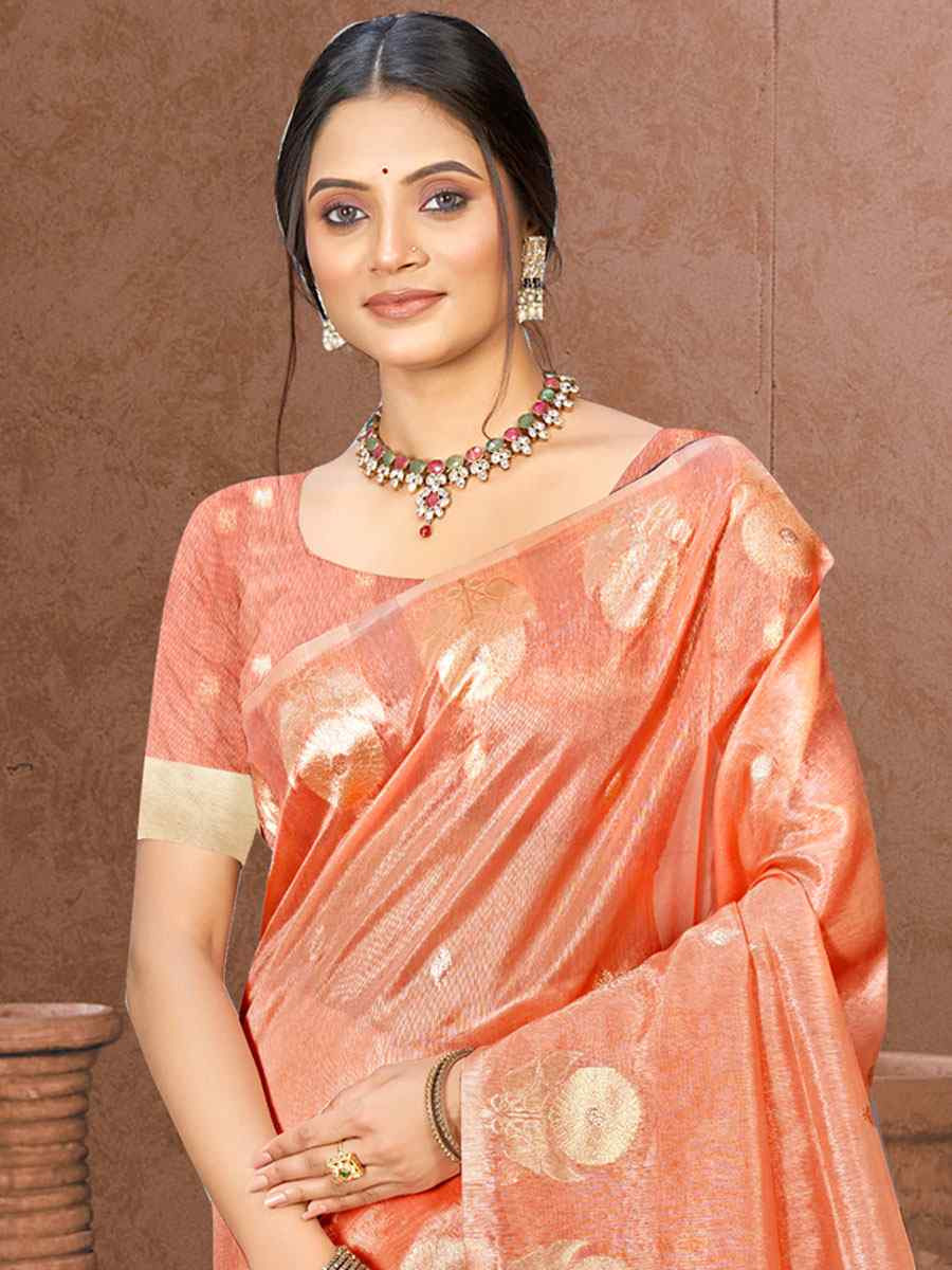 Peach Cotton Silk Handwoven Casual Festival Party Classic Style Sarees