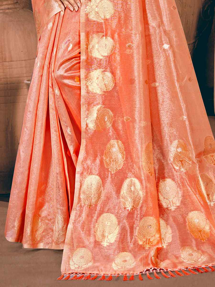 Peach Cotton Silk Handwoven Casual Festival Party Classic Style Sarees