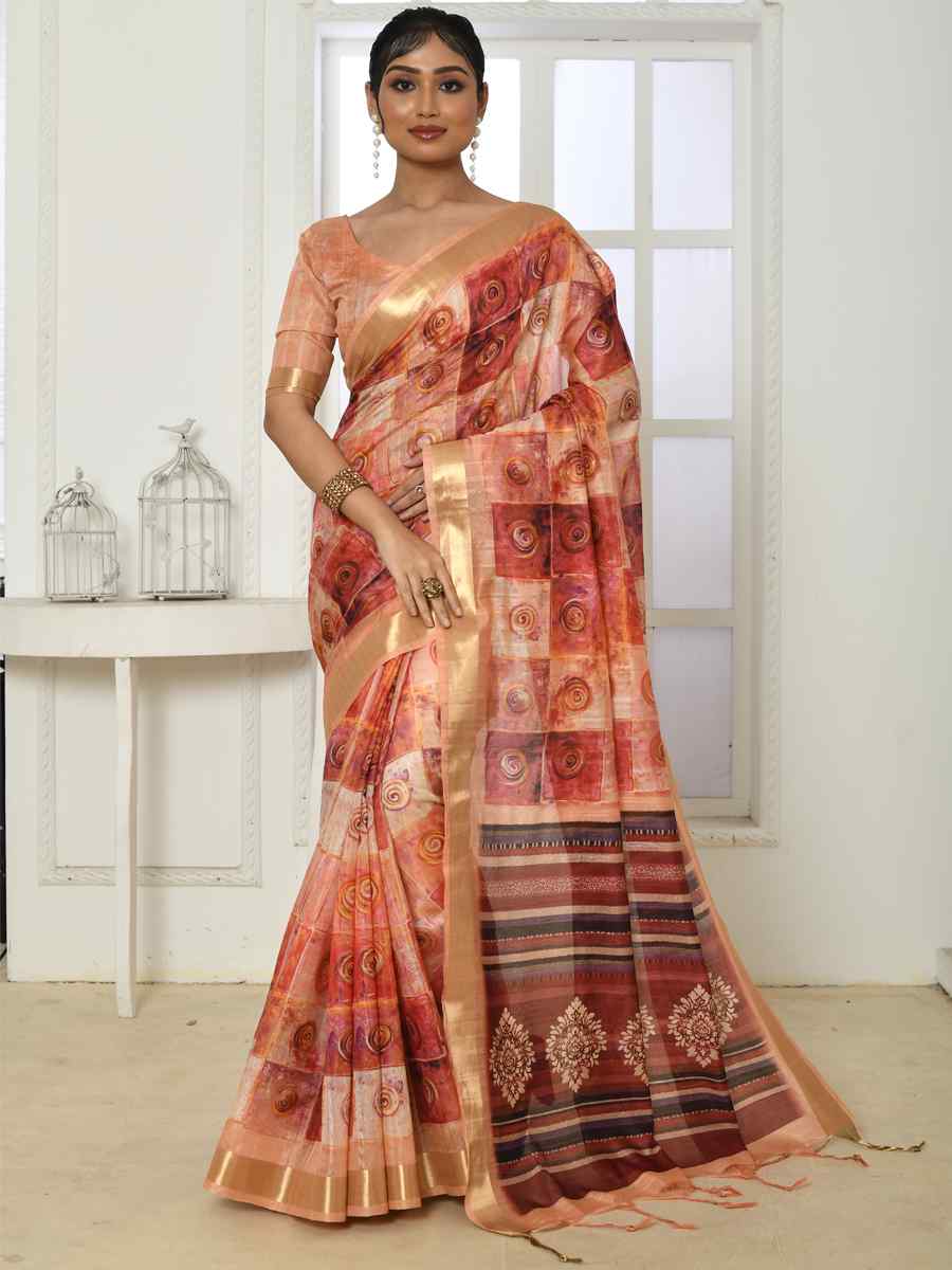 Peach Cotton Silk Printed Casual Festival Classic Style Saree