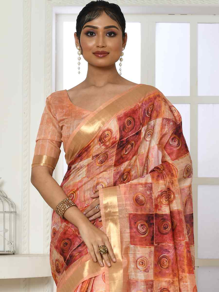 Peach Cotton Silk Printed Casual Festival Classic Style Saree