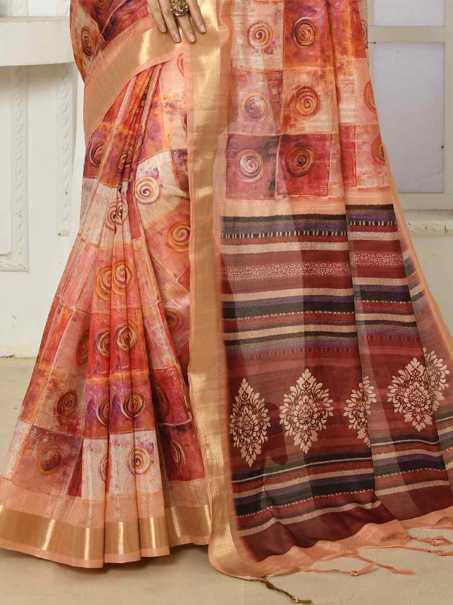 Peach Cotton Silk Printed Casual Festival Classic Style Saree