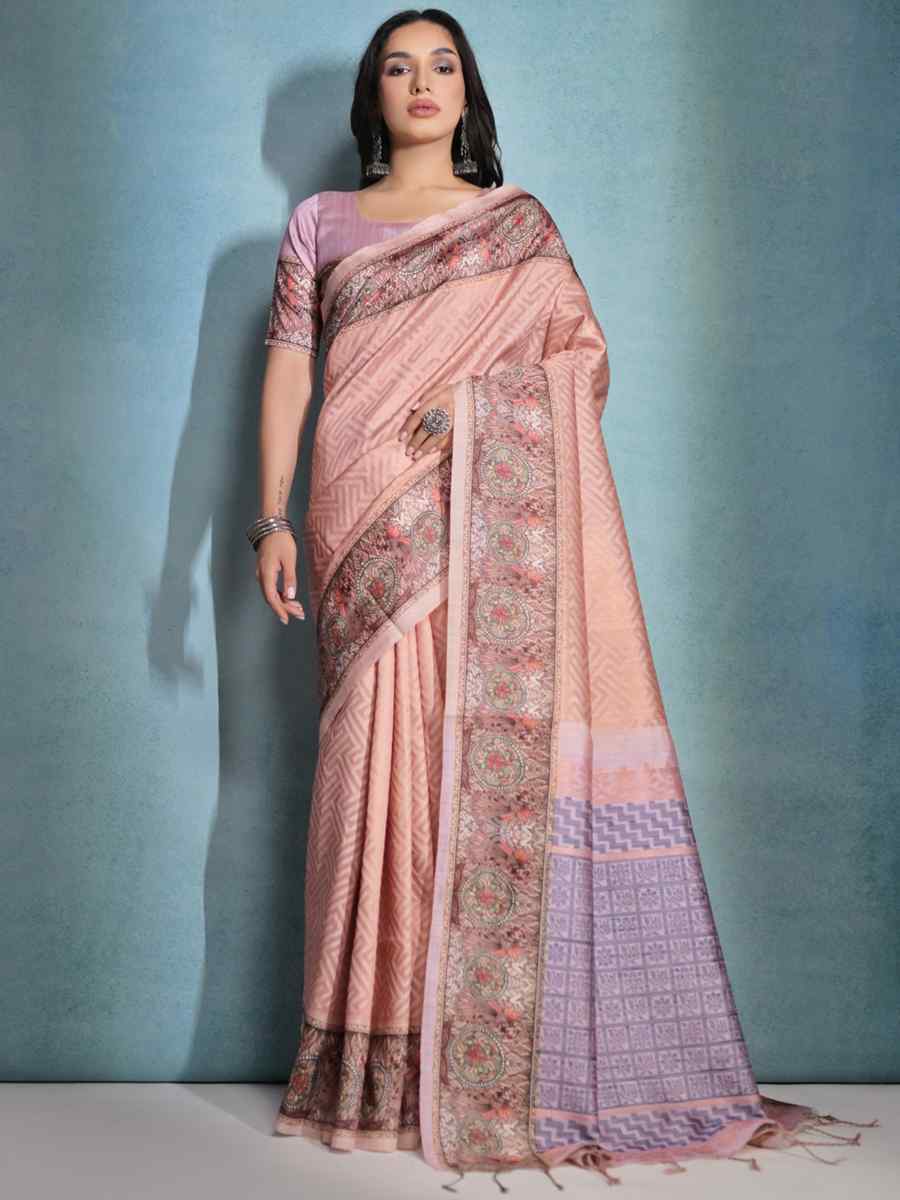 Peach Cotton Silk Printed Casual Festival Contemporary Saree